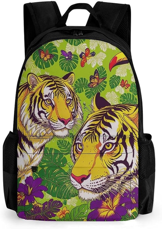 Supdreamc Backpack Lightweight Anti-Theft Multipurpose Tropical Floral Wild Animals Tigers Parrot Green Shoulder Bag Large Capacity Travel Hiking Backpack With Padded Straps