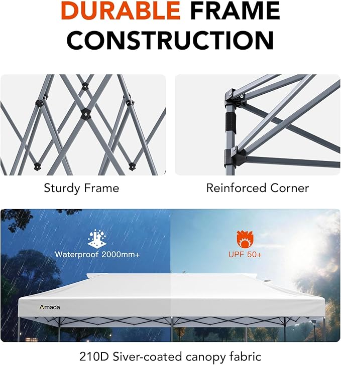Amada 20x10 Pop Up Canopy - Center Lock One Push Instant Setup Gazebo Outdoor Canopy Beach Tent with STO-N-Go Bag 8 Stakes & 4 Sand Bags, 3-Height Adjustable Shade Shelter (20x10ft, White)