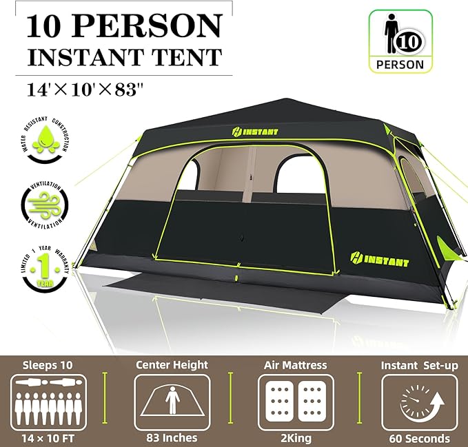 4/6/8/10 Person Instant Tent, Waterproof Pop Up Tents for Camping with Rainfly, 60 Seconds Easy Setup, Automatic Cabin Tent for Family Camping with Expandable Carry Bag & Upgraded Ventilation