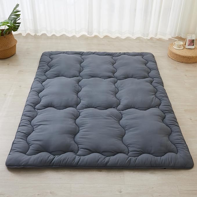 SAPHREAS Japanese Futon Mattress Floor Mattress King, Foldable Roll Up Bed Mattress Topper with Elastic Straps, Tatami Mat Sleeping Pad for Camping, Grey