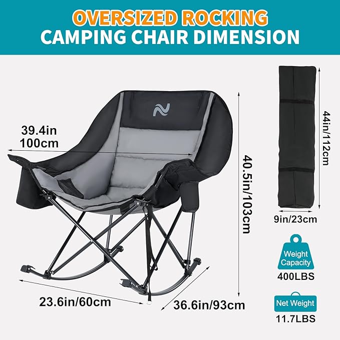 Oversized Rocking Camping Chair for Adults - Padded Recliner Rocker - Folding Lawn Chair with Cooler Bag and Pockets - Portable Rocker Chair Outdoor for Camp Patio Backyard