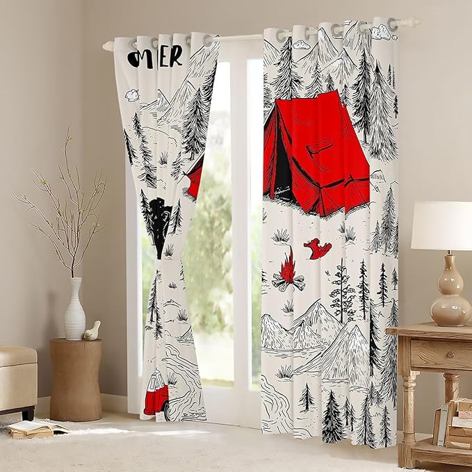 Feelyou Camper Camping Curtains for Bedroom Living Room Rustic Farmhouse Bear Blackout Shades Happy Camping Room Darkening Curtain Window Treatments, 2 Panels 52 x 84 Inch Decor