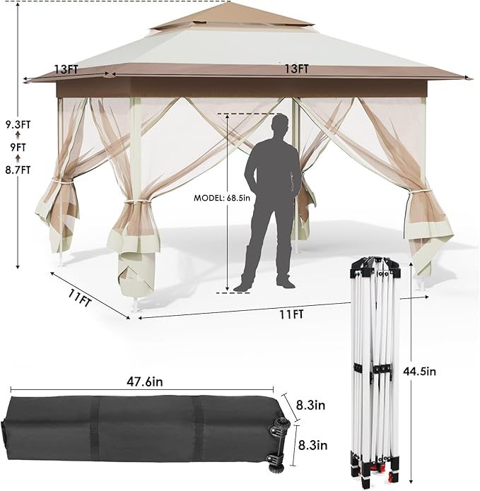 TLSUNNY 13' X 13' Pop Up Gazebo, Outdoor Canopy Tent W/4 Mesh Walls & Wheeled Bag, Screened Shelter with Netting, One-Person Set Up, Height Adjustable, for Patio, Yard, Party, Garden (Khaki)
