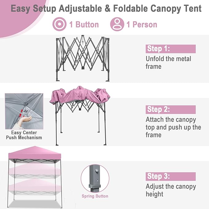 Tangkula 6.6x6.6 Ft Pop Up Canopy, 1 Person Instant Setup Canopy Tent with Center Lock, UPF 50+ Sun Protection, 8 Stakes, 4 Ropes, Portable Outdoor Canopy with Carrying Bag