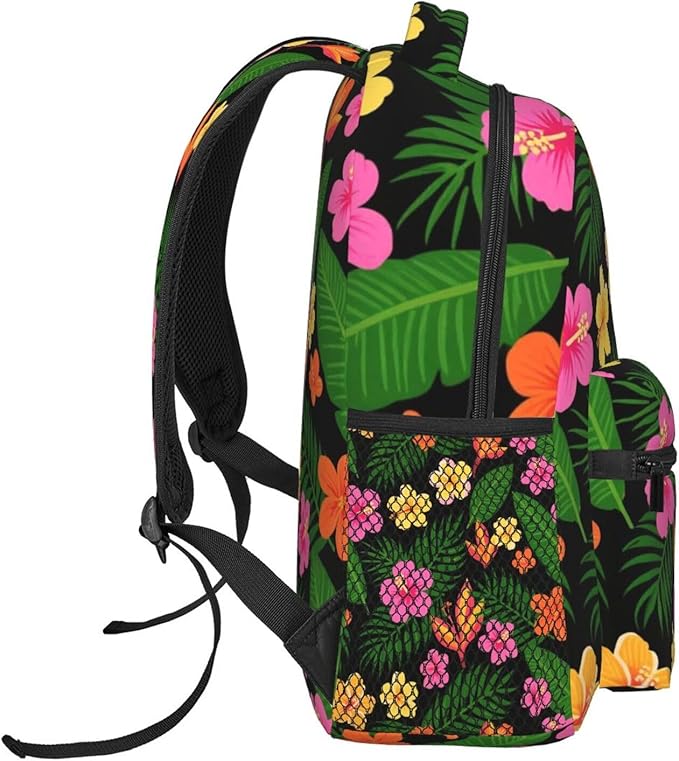 Women Men Polyester Hawaiian Colorful Flower Casual Daypack Large Capacity Bookbag With Side Pockets for Sports Picnic Walking Cycling