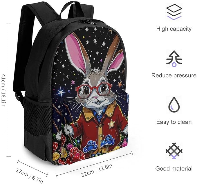 Men Women Lightweight Psychedelic Rabbit Space Mushroom Art Casual Daypack Large Capacity Bookbag With Adjustable Shoulder Straps for Gym Business Bicycle