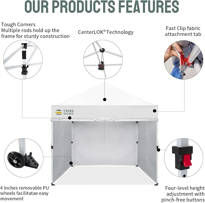 CROWN SHADES Pop Up Canopy Tent, 8x8 Commercial Canopy Tent with 4 Sidewalls, 4" Wheels, 4 Upgraded Weights, Patented Centerlock, 400D Fabric, Sto'N Go Bag, White