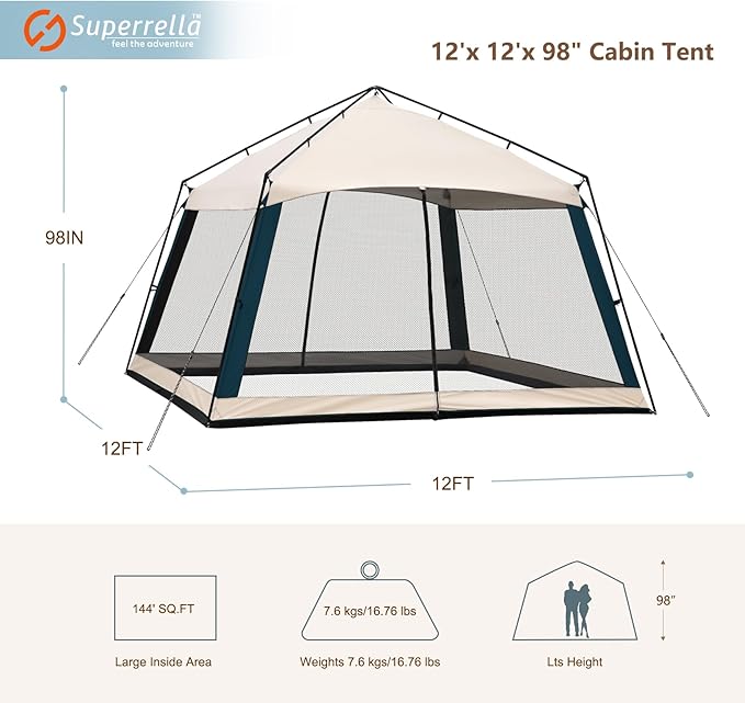 12 x 12 FT Camping Screen Tent for 8-10 Person, Easy Setup Screen House with UV 50+ Sun Protection & Mosquito Net for Camping, Backyard, Picnic, Patio Outdoor Beige & Navy