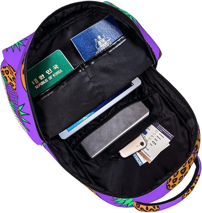 Lightweight Rucksacks for Camping Picnic Walking Cycling, Large Capacity Multipurpose Anti-Theft Carry On Bag, Leopard Pineapple Purple Pattern Travel Hiking Camping Rucksack