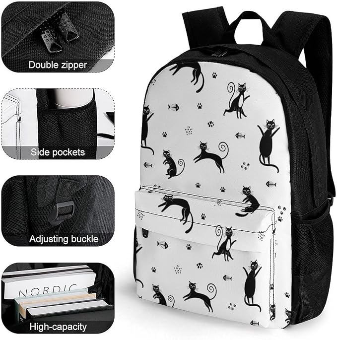Supdreamc Men Women Lightweight Funny Black Cats Art Backpack Large Capacity Bookbag With Smooth Zippers for Gym Business Running