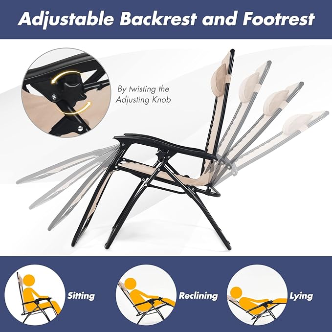 S AFSTAR Zero Gravity Chairs Set of 2, 3 PCS Folding Zero Gravity Lawn Chair Set with Side Table Cup Holders & Adjustable Headrest, Reclining Patio Chairs, Zero Gravity Lounger for Patio Poolside