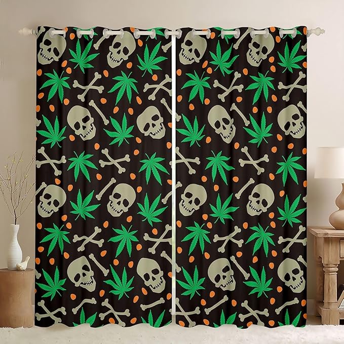 Manfei Gothic Skull Blackout Curtains Green Marijuana Leaf Window Drapes,Cute Skeleton Bones Weed Window Treatments,Kids Boys Girls Room Decor,Grommet Top 2 Panel Set Bedroom Curtains, 42Wx90L inch
