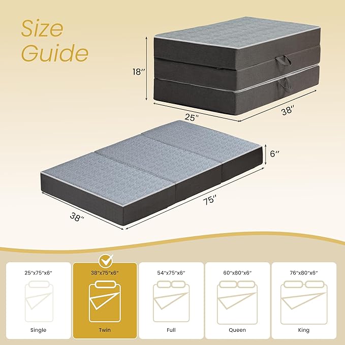Tri Folding Mattress Twin Size - 6 Inch Dual-Layer Memory Foam Foldable Mattress Portable Futon Sofa Bed with Removable Washable Cover, Handle & Non-Slip Bottom for Guest, Camping, RV, Yoga, Home Use