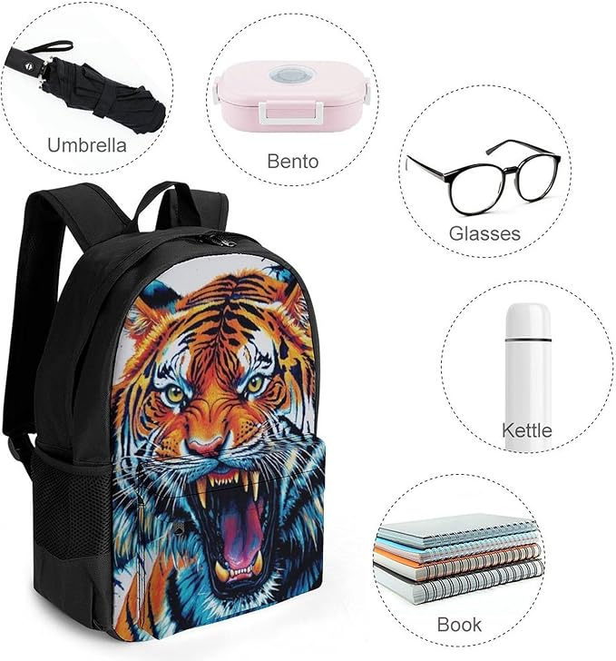 Supdreamc Men Women Lightweight Blue Fierce Wild Tiger Animal King Art Daypack Bookbag Big Capacity Carry On Bag With Side Pockets for Camping Travel Bicycle
