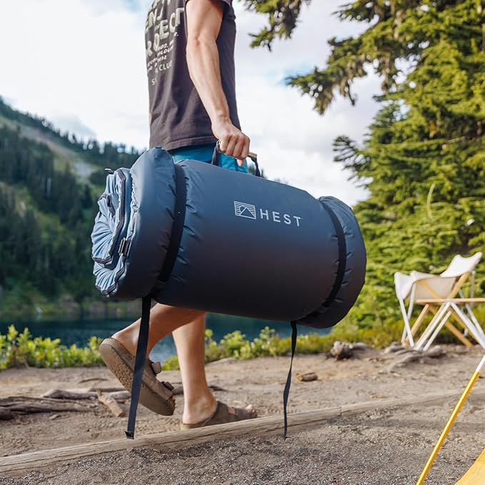 HEST Foamy Camping Mattress Pad - Memory Foam Portable Roll Up Sleeping Cot Mattress for All Adventures - Dual Layer Comfort & Support - No Pump Needed - Water-Resistant Design - Easy Carry Handle