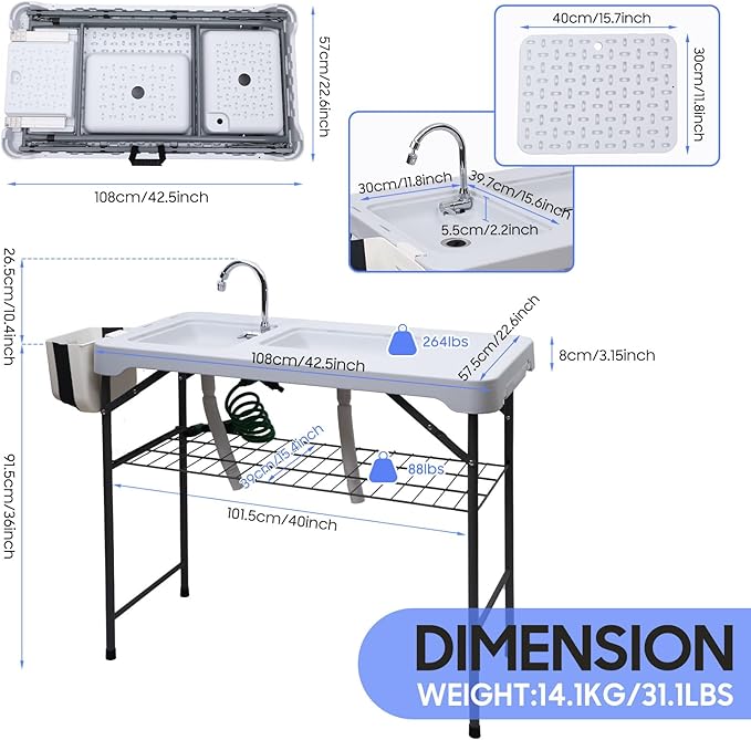 Nice C Fish Cleaning Table, Fish Cleaning Station with Sink, Fish Skinning Table, 42.5'' Camping Table, w/Dual Universal Faucet & Spray, Drainage Hoses, Grid Rack, Basket, Toolkit for Picnic, Camping