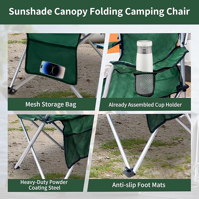Portable Camping Chair with Canopy Shade- Folding Camping Lounge Chair with Cup Holder & Side Pocket for Outdoor Camping, Fishing, Beach - Support 330 LBS (GREEN-2PK)