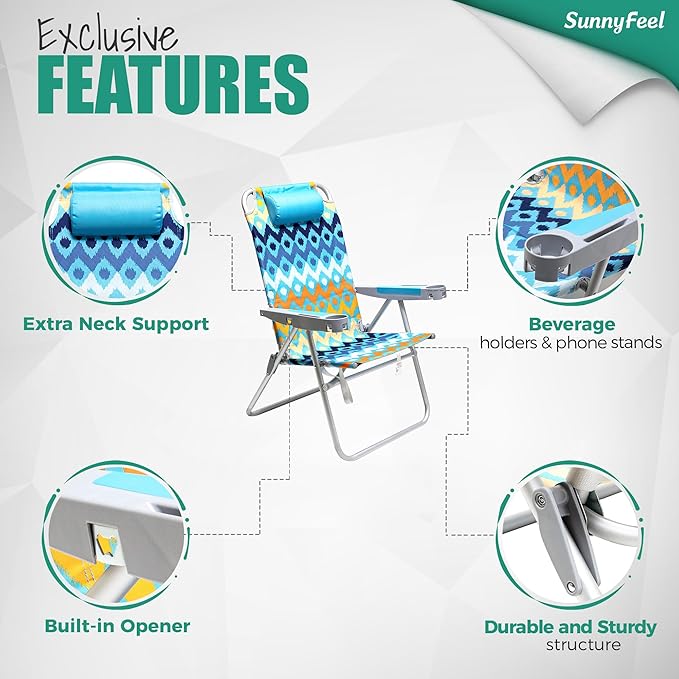 SUNNYFEEL 17" Tall Oversized Beach Chairs 2 Pack for Adults Heavy Duty 300 LBS, 5 Position, Portable High Folding Camping Chair with Cup Holder for Outdoor/Lawn/Trip, Foldable Sand Chairs for Adults