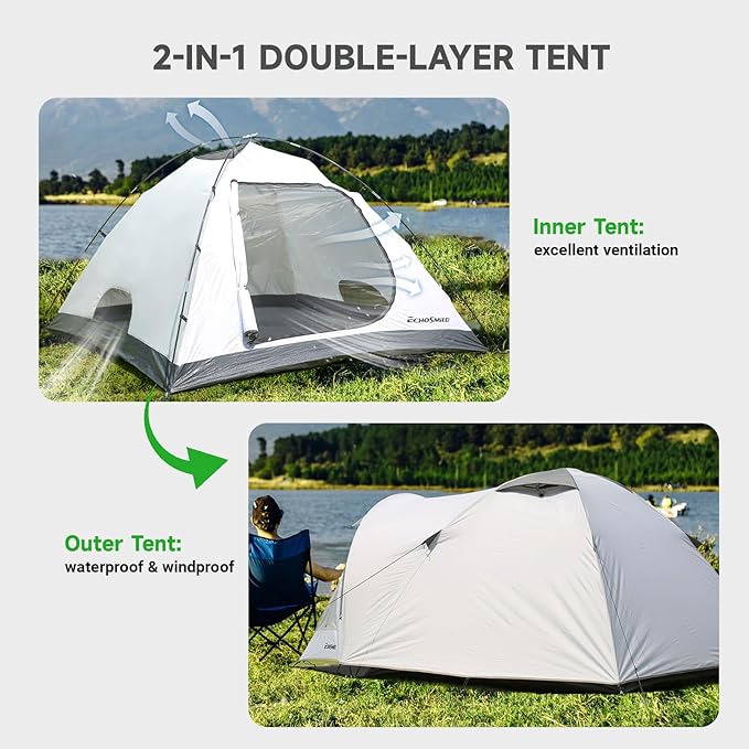 EchoSmile Camping Family Tent for 2-3 Person, Waterproof Dome Tent with Vestibule, Ultralight Easy Setup for Outdoor Camping, 3 Season