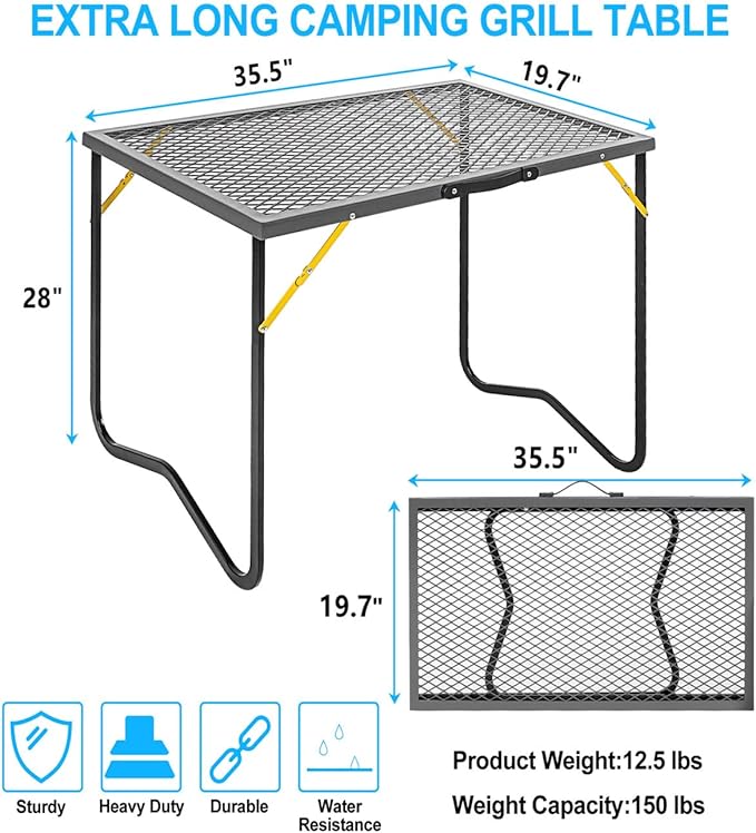 Portable Folding Grill Table, Outdoor Camping Table with Mesh Tabletop, Metal Grid Table for Patio, Picnic, Garden,BBQ and Beach, 35.5" L x 19.7" W