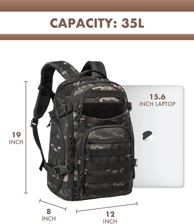 Military Tactical Backpack for Men, 35L Tactical Laptop Backpack, Tactical Bag Bug Out Bag, Army 3 Days Assault Pack - Black&Camo