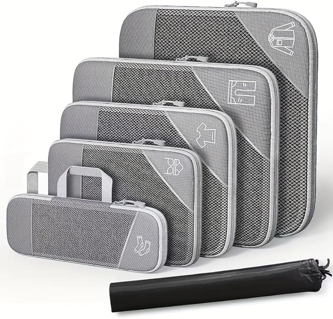 6Pcs Compression Packing Cubes Set, Waterproof Travel Luggage Organizer with Drawstring Bag, Lightweight Nylon Suitcase Storage Bags for Travel Camping Business Trip