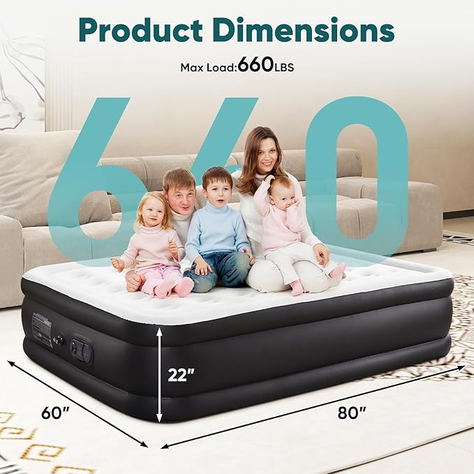 DUMOS Air Mattress Queen with Built in Pump- 22 inch Inflatable Blow Up Airbed, Double Height Air Bed for Home & Camping, Non-Slip Bottom Design, Weight Capacity 660 lbs