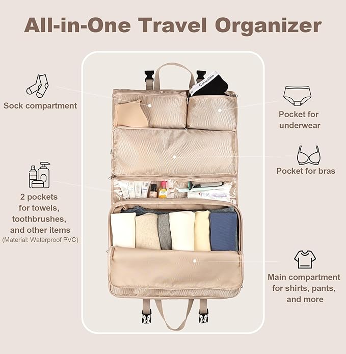 TABITORA Travel Clothes Organizer Portable Hanging Compression Packing Cubes Camp Organizer Travel Cases Suitcase Storage Large Capacity Carry On Closet (Beige)