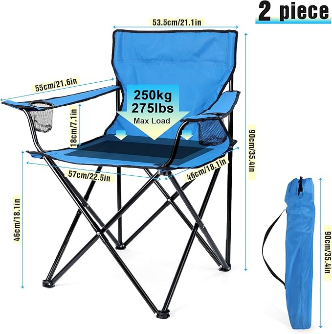 Foldable Camping Chair Set of 2, HaSteeL Folding Camp Chairs & Carrying Bags for Adults, Portable for Lawn, Outdoors, Fishing, Hiking, Travel, Picnic, Beach, Oversized & Supports 275lbs (Black & Blue)