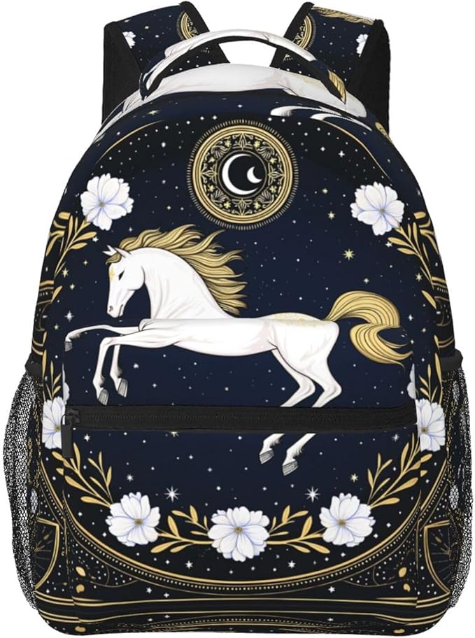 Daypack Bookbag Anti-Theft Multipurpose Large Capacity Bookbag, Running White Horse Starry Sky Flowers Elegant Art Travel Hiking Camping Rucksack With Adjustable Shoulder Straps