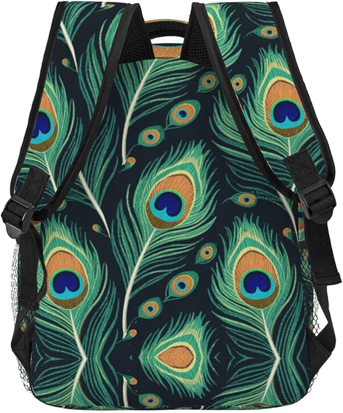 Women Men Polyester Chic Animal Beautiful Peacock Feather Green Art Casual Daypack Large Capacity Bookbag With Side Pockets for Sports Picnic Walking Cycling