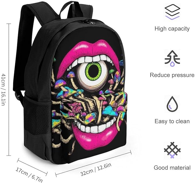 Men Women Lightweight Trippy Mushroom Lip Art Casual Daypack Big Capacity Bookbag With Padded Straps for Gym Travel Walking Cycling
