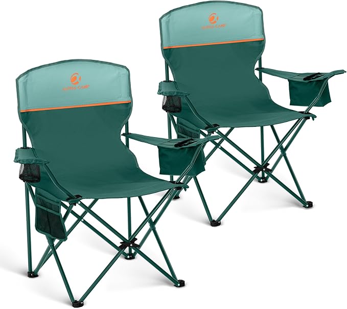 LET'S CAMP Camping Chair 2 Pack Folding Chair with 3-Can Cooler Bag Portable Lawn Chair with Cup Holder,Storage Pocket, Supports 225LBS, Collapsible Chair for Camp, Beach, Picnic (Green)