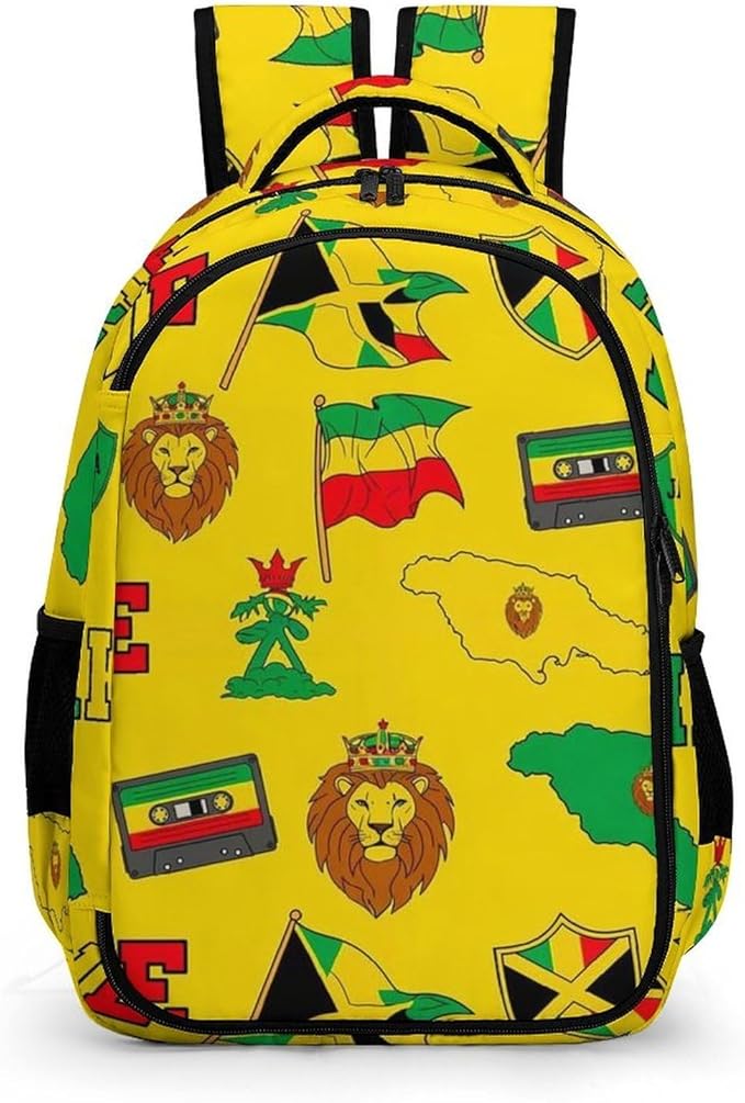 Sturdy Laptop Backpack Rasta Lion Jamaican Reggae Flag Map Magnetic Tape, Anti Theft Water Resistant Travel Business Bag with Water Bottle Pockets Gifts for Men Women