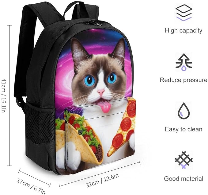Supdreamc Polyester Daypack for Hiking Work Running, Big Capacity Anti-Theft Multipurpose Shoulder Bag, Funny Cute Galaxy Cat Taco Pizza Travel and Sport Backpack Rucksack