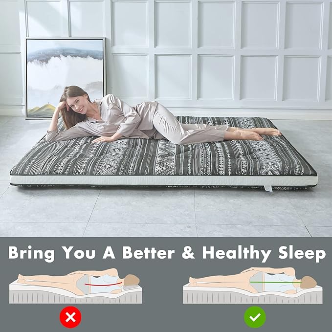 Japanese Floor Futon Mattress - Thicken Sleeping Foldable & Portable Roll up Camping Mattress, Bohemia Black Twin