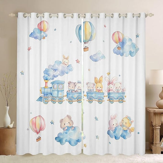 Cartoon Train Window Curtain | Cute Bear Rabbits Window Treatment Curtain for Teens Bedroom Decor,Hot Air Balloon Curtains Coquette Girly Princess Living Room Top 2 Panels,42Wx90L