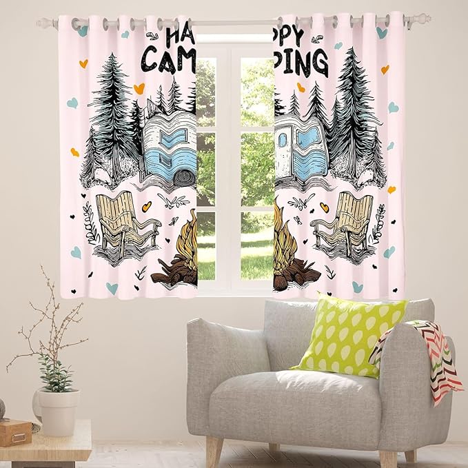 Feelyou Pink Camping Camper Rv Curtains for Bedroom Living Room Rustic Farmhouse Camper Blackout Darkening Drapes Happy Camping Window Treatments, 2 Panels 42 x 84 Inch Room Decor
