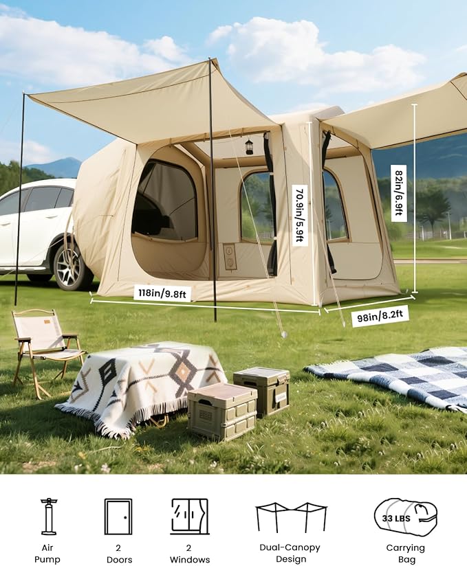 Inflatable SUV Tents for Camping, Pop Up Car Tent, Large SUV Tent Attachment for Camping, 2 in 1 Inflatable Tents Attach to Back Car with AC Port - Khaki
