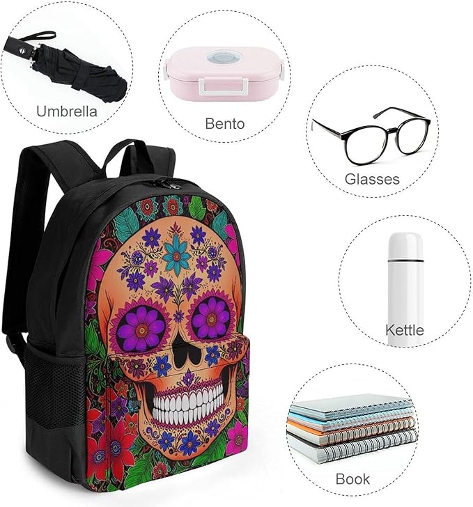Supdreamc Daypack Backpack Anti-Theft Multipurpose Big Capacity Bookbag, Grunge Mexican Sugar Skulls Day Of The Dead Flowers Art Business Computer Bag With Side Pockets