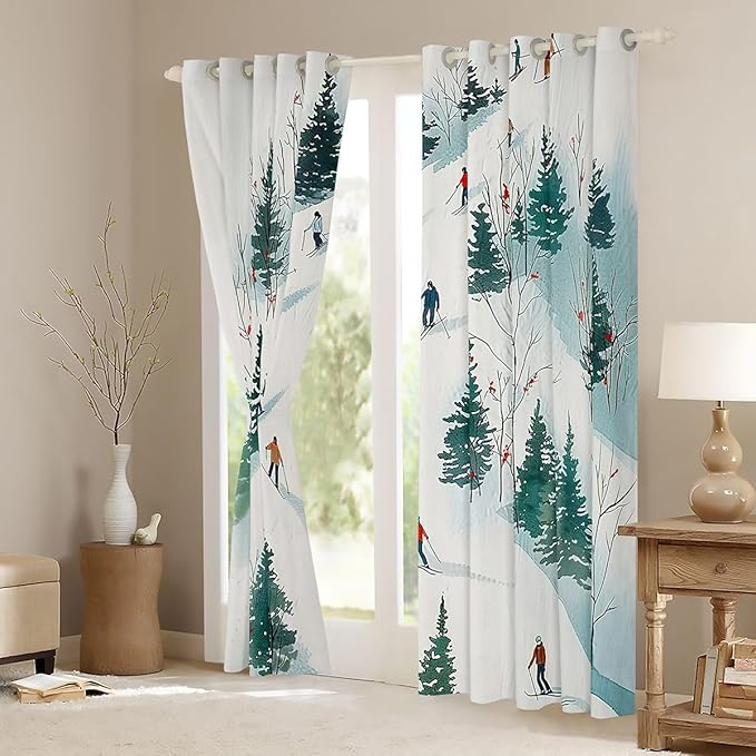 Manfei Skiing Boys Girls Room Decor,Ski Winter Extreme Sports Game Blackout Curtains,Mountain Snowboarding Pine Tree Natural Blackout Curtains,Green White 2 Panels,38Wx45L inch