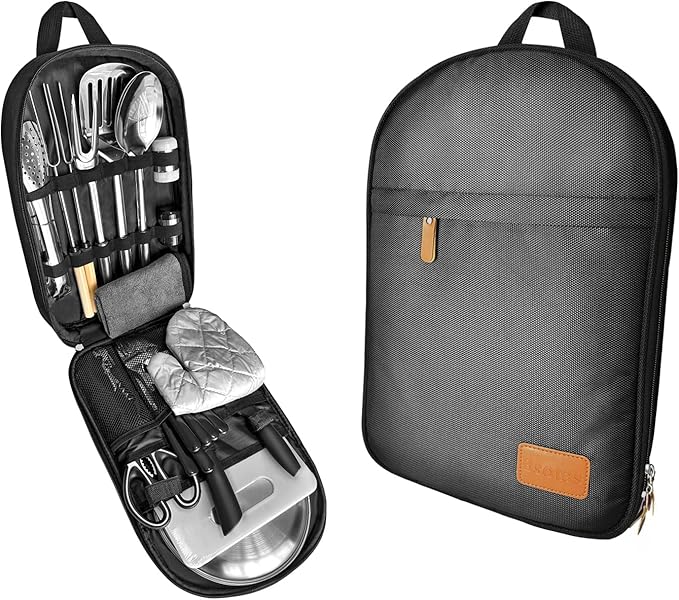 Camping Cooking Utensils Set - Camping Utensil Set Car Camping Cooking Essentials Gear for Camp Kitchen Cooking and Grilling, Stainless Steel & Silicone Ideal Gift for RV Tent Camper