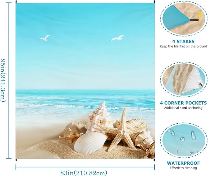 Beach Blanket Waterproof Sandproof, Shells Oversized Extra Large Picnic Mat 83"×95"/8 × 7 FT for 1-7 Adults for Travel Camping Hiking, Quick Drying Lightweight Outdoor Beach Vacation Essentials