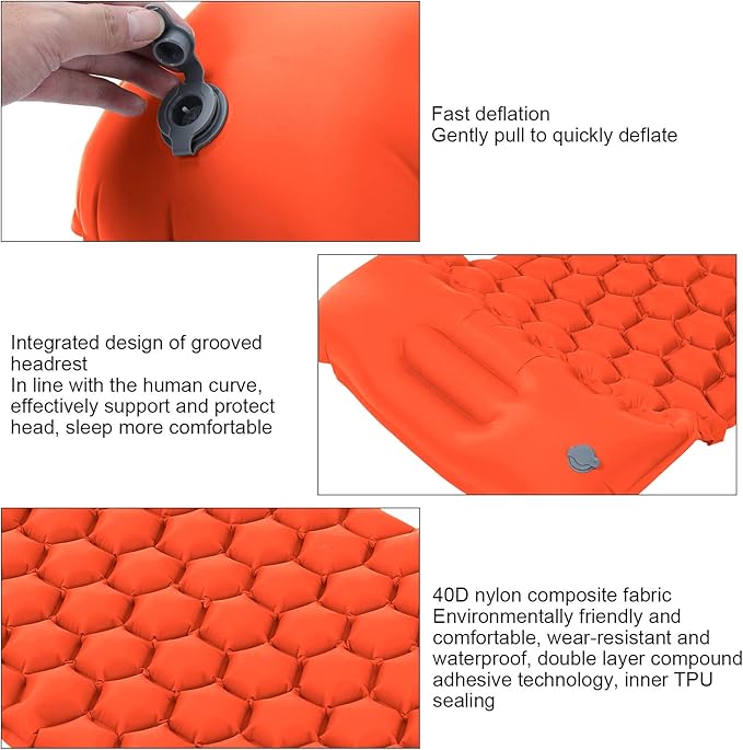 Inflatable Camping Sleeping Pad Mat, Ultra Lightweight Air Cushion Mattress for Tent Hiking Travel, 2 Way Valve Design with 40D Nylon Fabric and TPU Laminate, Compact Foldable (Orange)