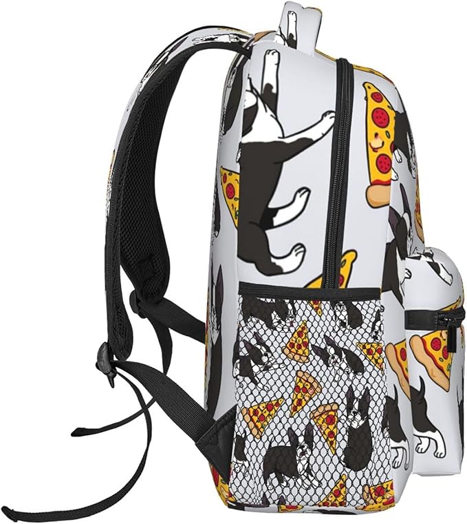 Polyester Daypack for Hiking Work Running, Big Capacity Anti-Theft Multipurpose Shoulder Bag, Grey Boston Terrier Dog Pizza Travel and Sport Backpack Rucksack