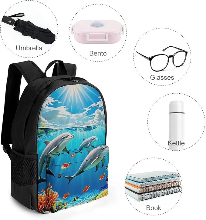 Polyester Daypack for Hiking Work Running, Big Capacity Anti-Theft Multipurpose Shoulder Bag, Dolphin Blue Ocean Underwater World Travel and Sport Backpack Rucksack