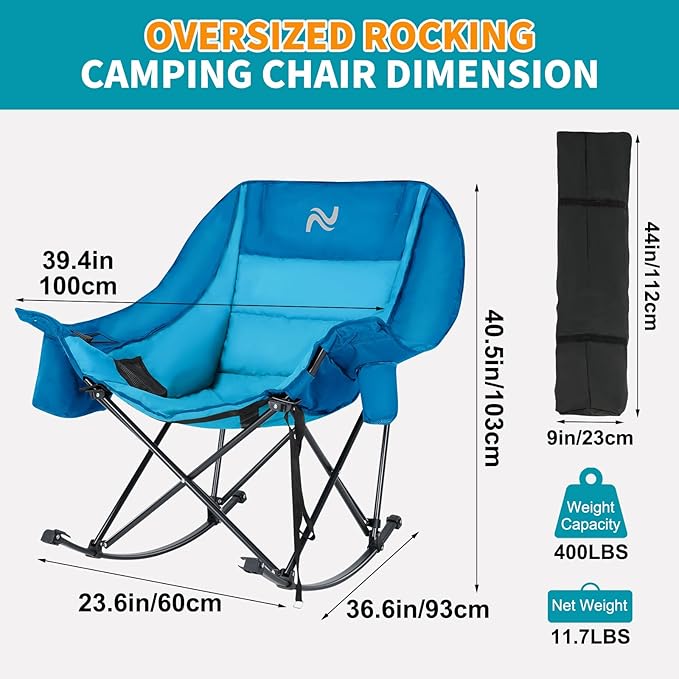 Oversized Rocking Camping Chair for Adults - Padded Recliner Rocker - Folding Lawn Chair with Cooler Bag and Pockets - Portable Rocker Chair Outdoor for Camp Patio Backyard
