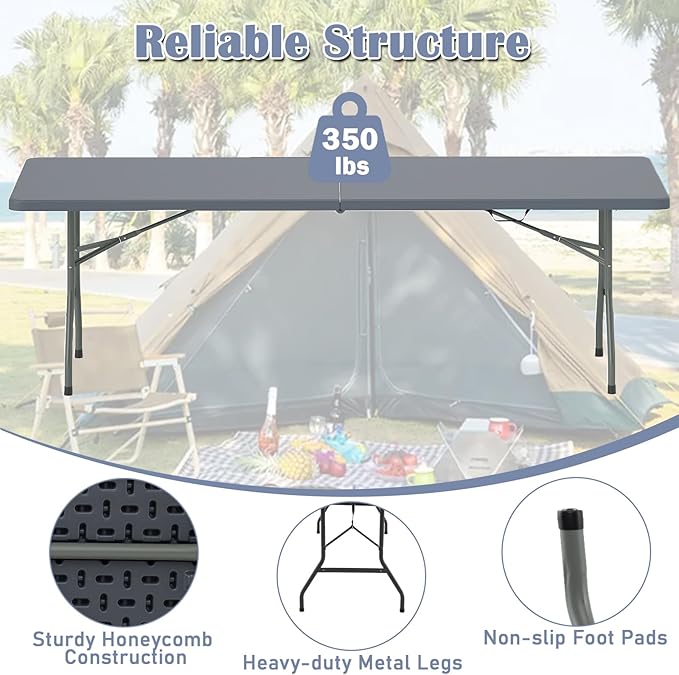 Tangkula 8 FT Folding Table, Indoor Outdoor Foldable Plastic Table with HDPE Tabletop, Sturdy Metal Fame, Carrying Handle, Heavy Duty Portable Fold-in-Half Picnic Table for Camping BBQ Party