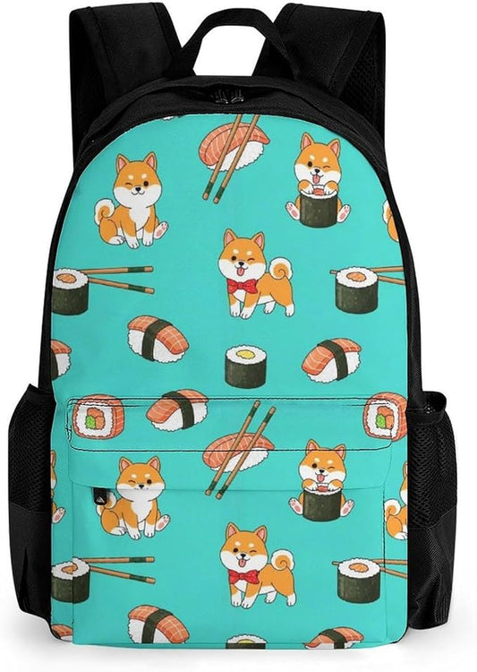 Supdreamc Lightweight Daypack Backpack for Sports Travel Running, Large Capacity Multipurpose Anti-Theft Bookbag, Shiba Inu And Sushi Laptop Backpack Daypack