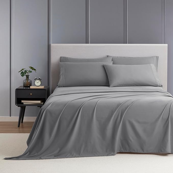 Clara Clark Cal King Sheets - Hotel Luxury 6 Piece Bed Sheets for Cal King Size Bed - Soft Bedding Sheets & Pillowcases, Fits Mattress up to 16 inch deep. California King, Medium Grey